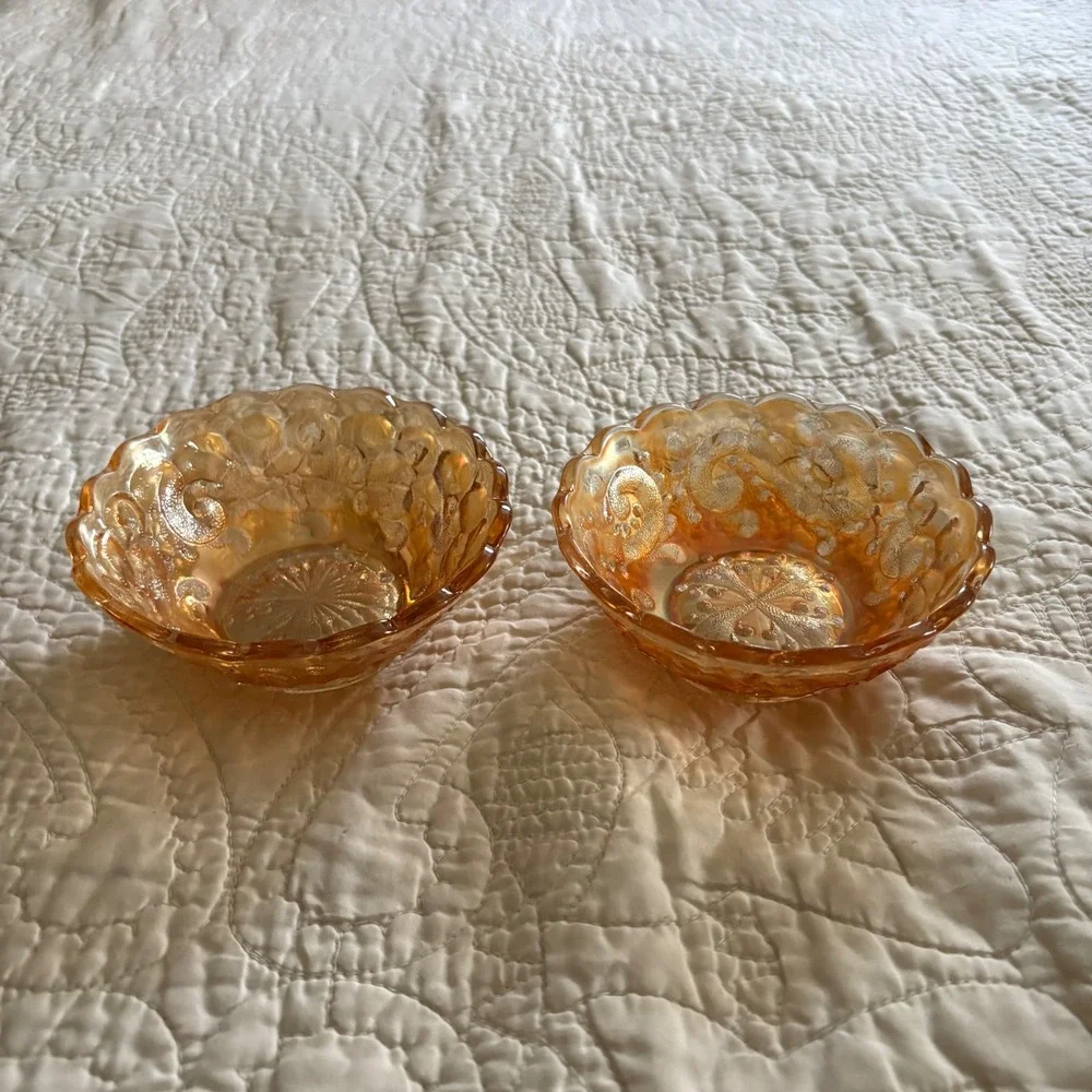Vintage Fenton Marigold Carnival Glass‎ Ice Cream Bowls Set 2 Iridescent Scallop